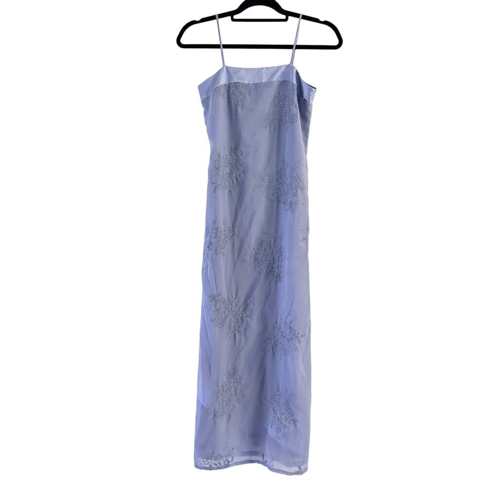 Vintage Nicole Miller Pansy Blue Floral Beaded Spaghetti straps Maxi Dress 12 - Picture 3 of 15